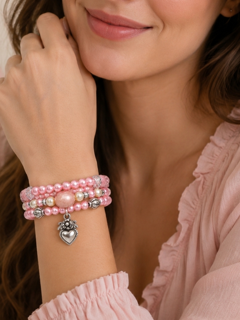 Chic Pink and Silver Beaded Stack Bracelet Trio